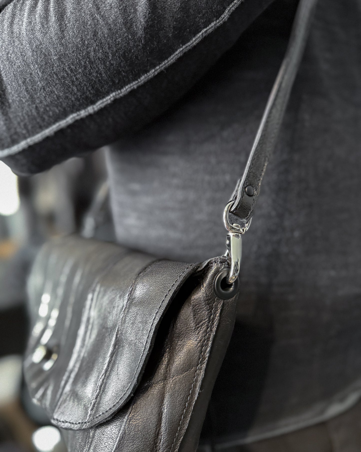 Black Creased Lamb Leather Mini Messenger Bag