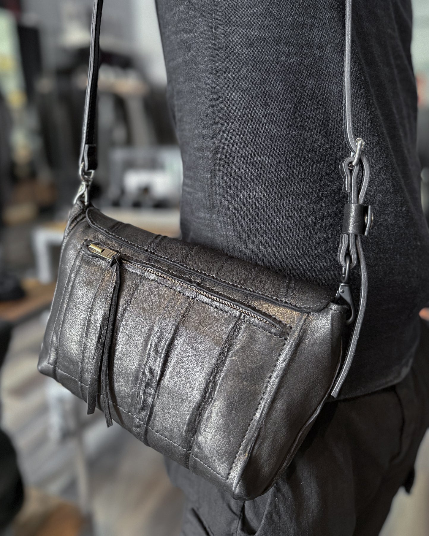 Black Creased Lamb Leather Mini Messenger Bag