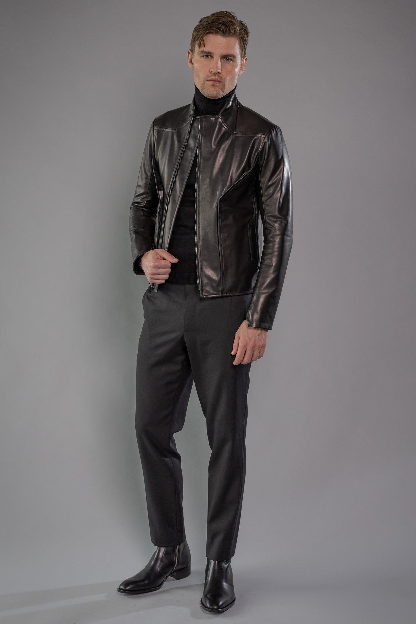 Black Roma Cow Leather BEVEL JACKET