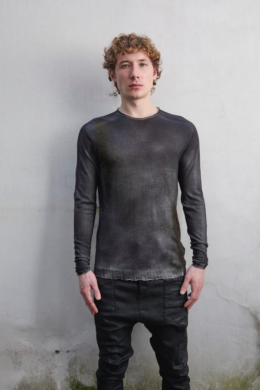 Black Acid Green Dyed Stitch Print Cotton Sweater