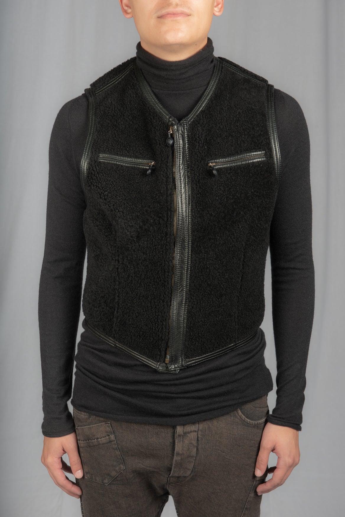 Black Shearling Zipper Vest by Gianni Versace