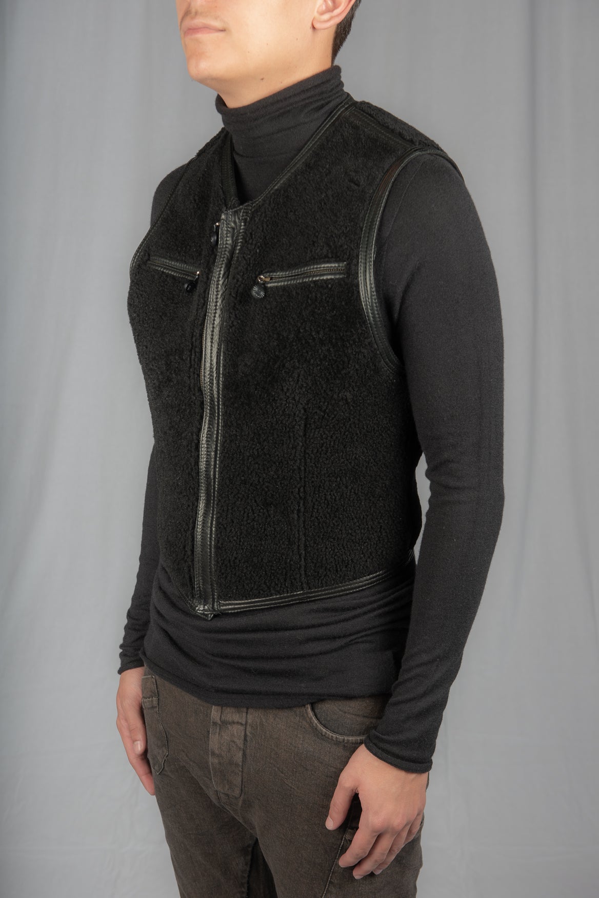 Black Shearling Zipper Vest by Gianni Versace