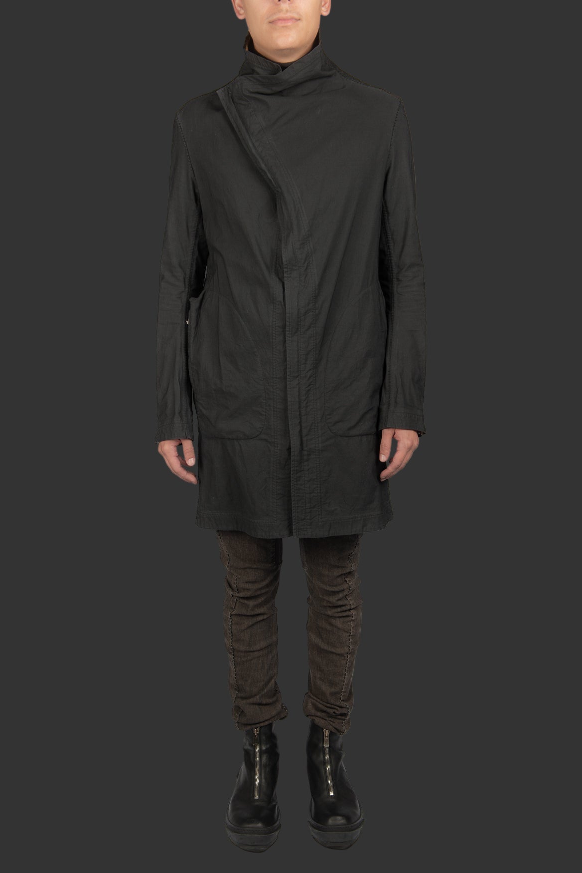 Black Object Dyed Visible Meltlock Button down Parka with Prosthetic Elbow by Carol Christian Poell