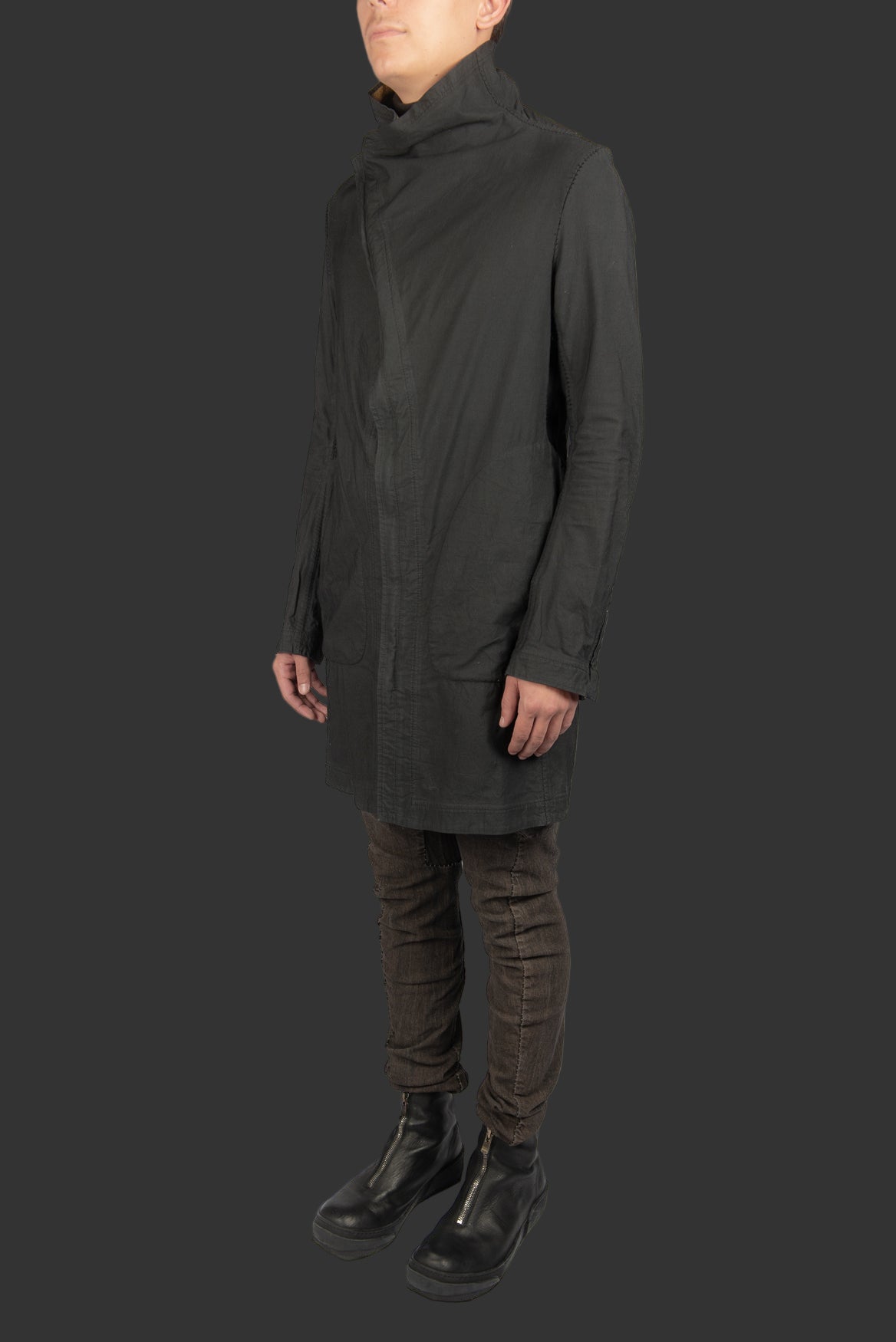 Black Object Dyed Visible Meltlock Button down Parka with Prosthetic Elbow by Carol Christian Poell