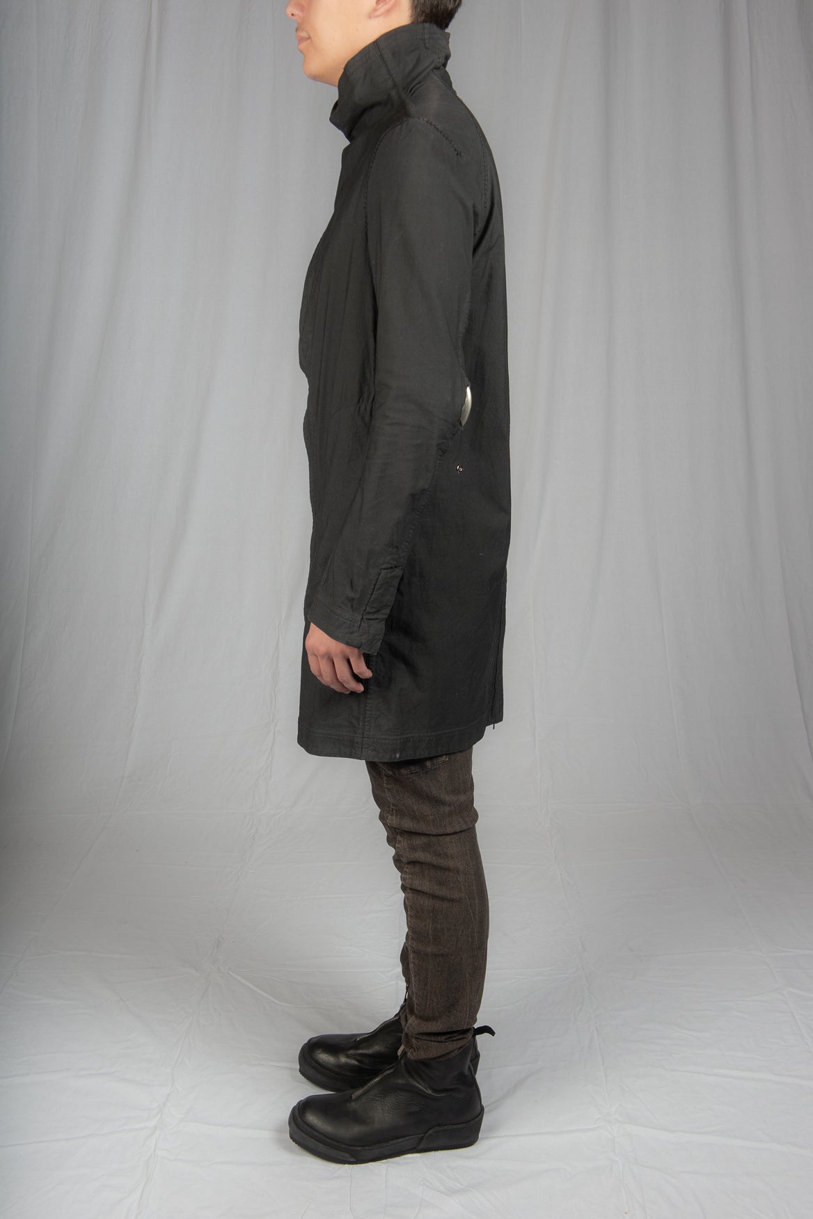 Black Object Dyed Visible Meltlock Button down Parka with Prosthetic Elbow by Carol Christian Poell