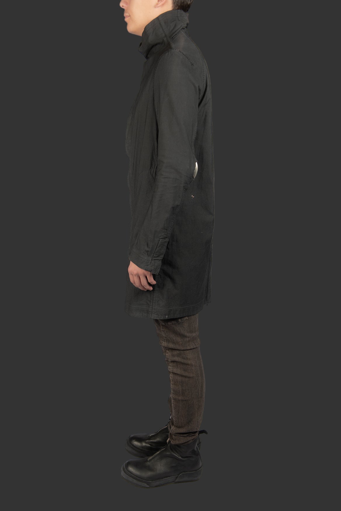 Black Object Dyed Visible Meltlock Button down Parka with Prosthetic Elbow by Carol Christian Poell