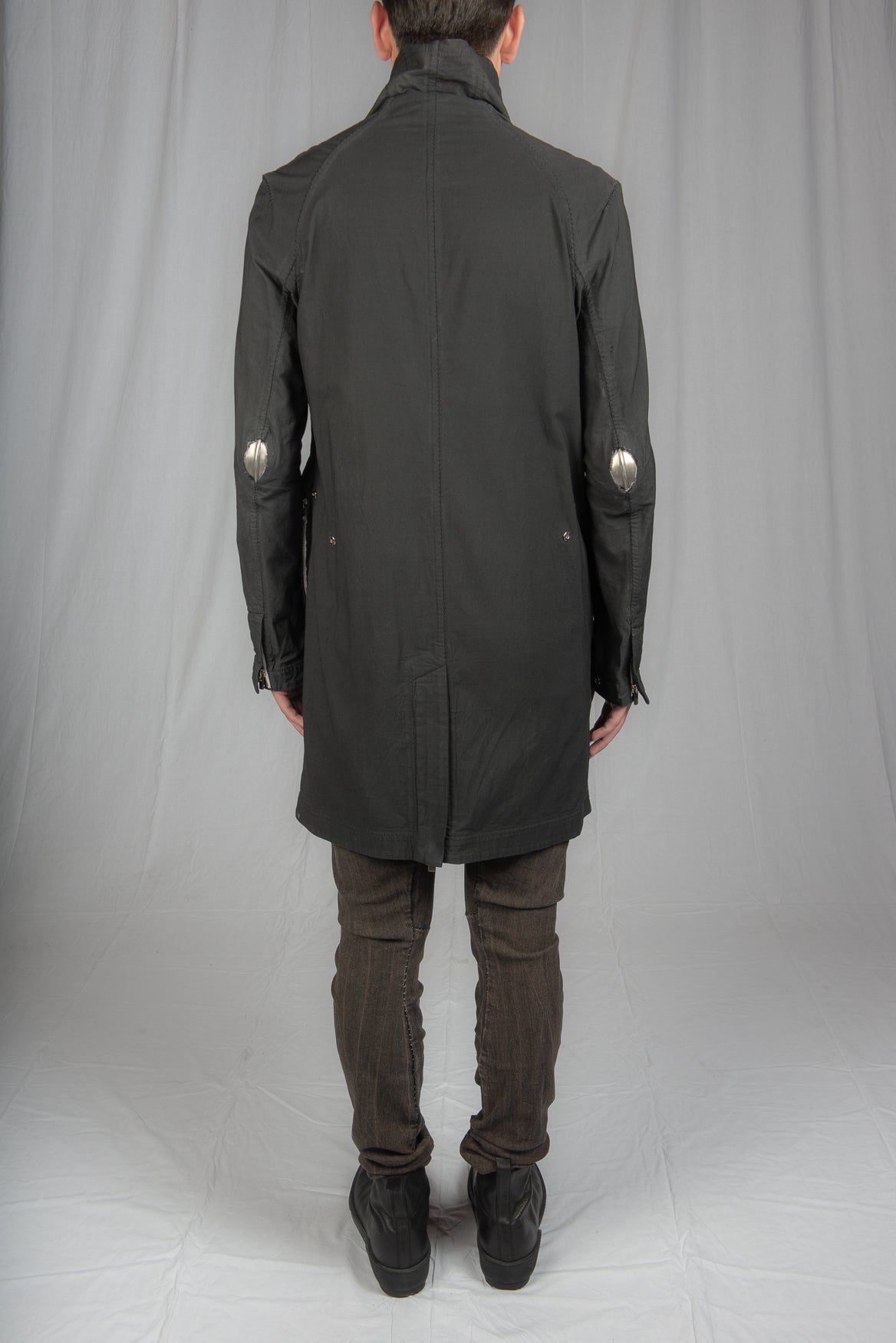 Black Object Dyed Visible Meltlock Button down Parka with Prosthetic Elbow by Carol Christian Poell