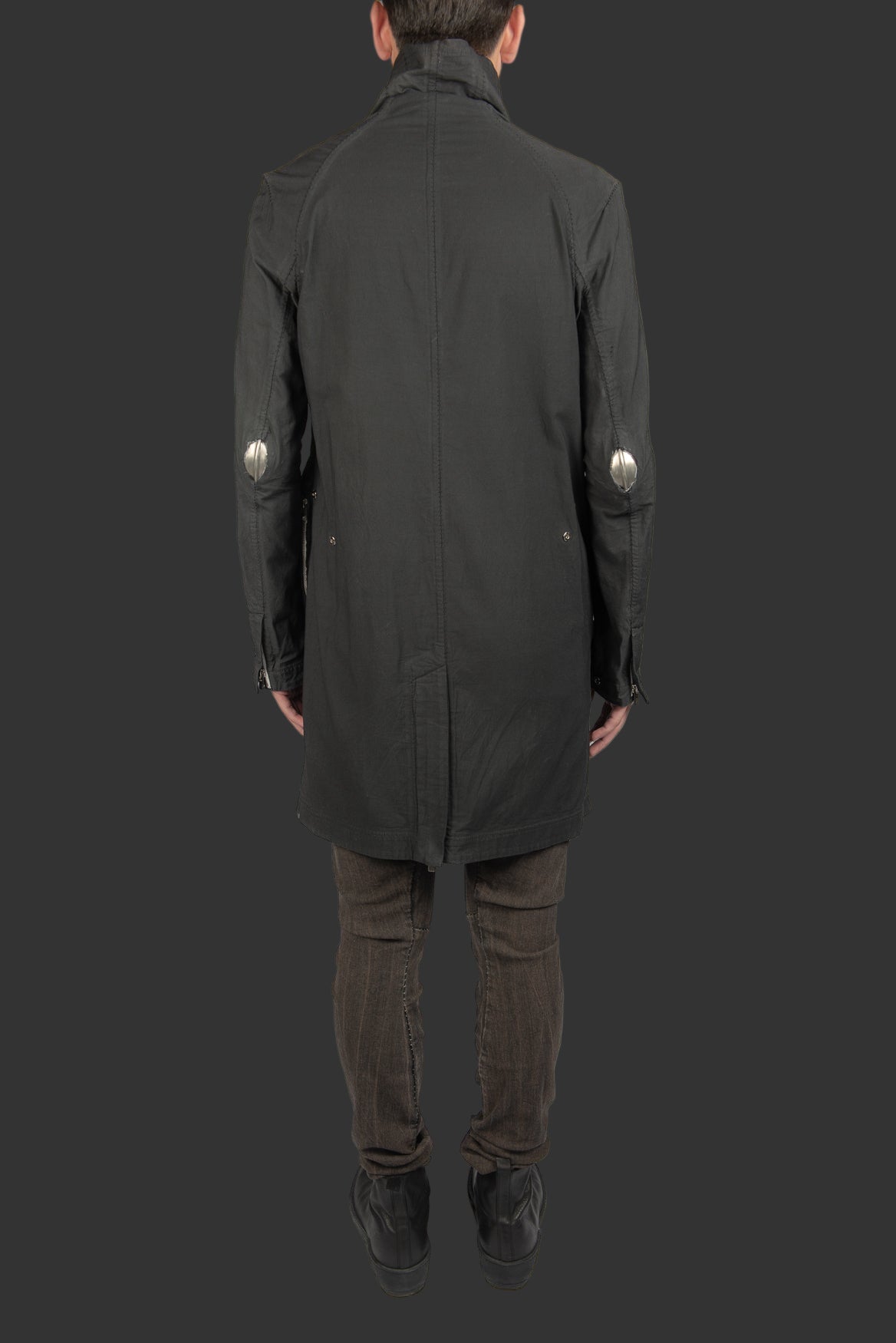 Black Object Dyed Visible Meltlock Button down Parka with Prosthetic Elbow by Carol Christian Poell