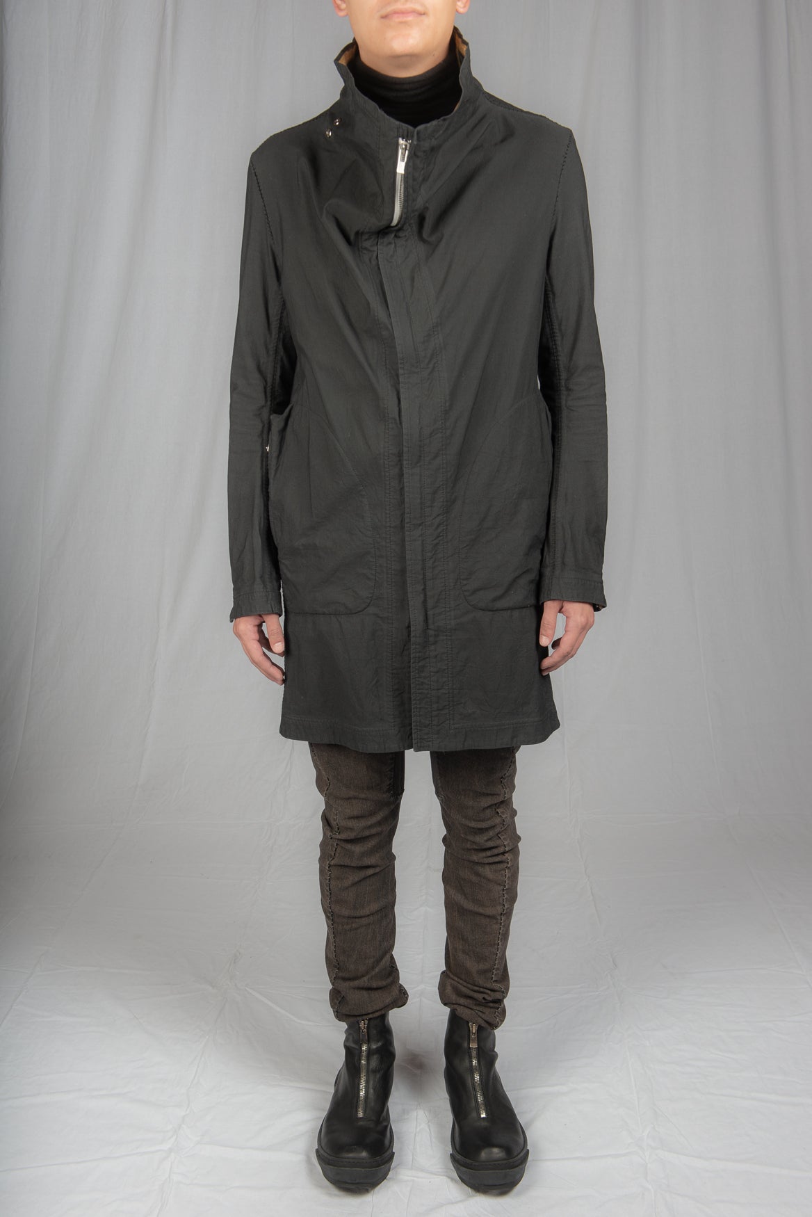 Black Object Dyed Visible Meltlock Button down Parka with Prosthetic Elbow by Carol Christian Poell