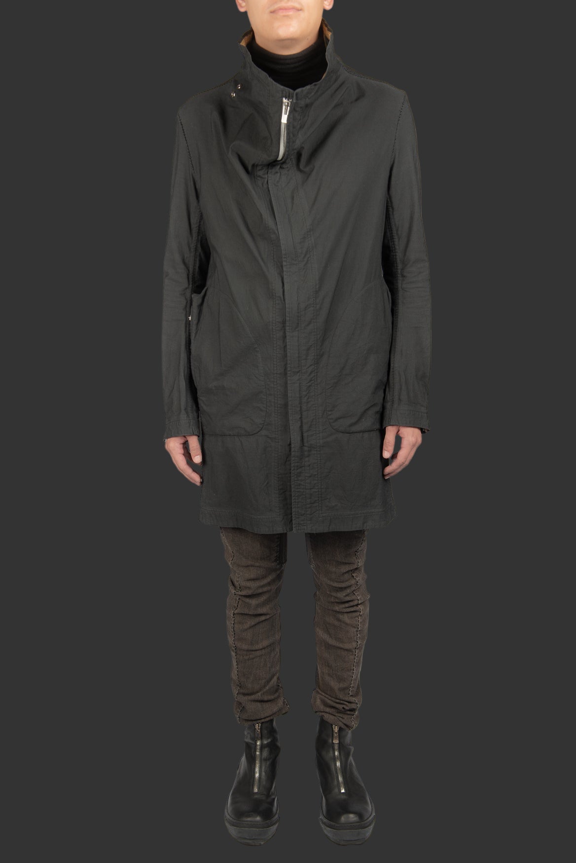 Black Object Dyed Visible Meltlock Button down Parka with Prosthetic Elbow by Carol Christian Poell