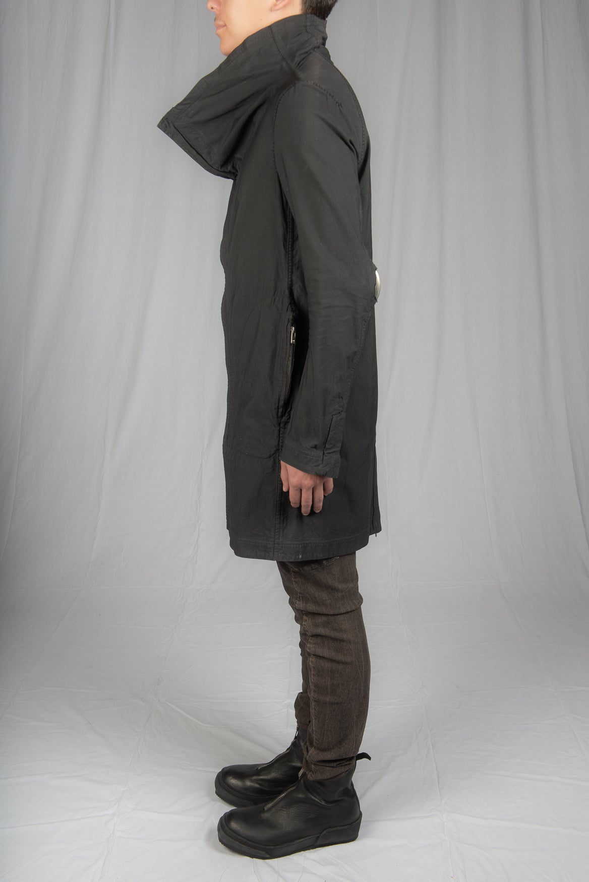 Black Object Dyed Visible Meltlock Button down Parka with Prosthetic Elbow by Carol Christian Poell