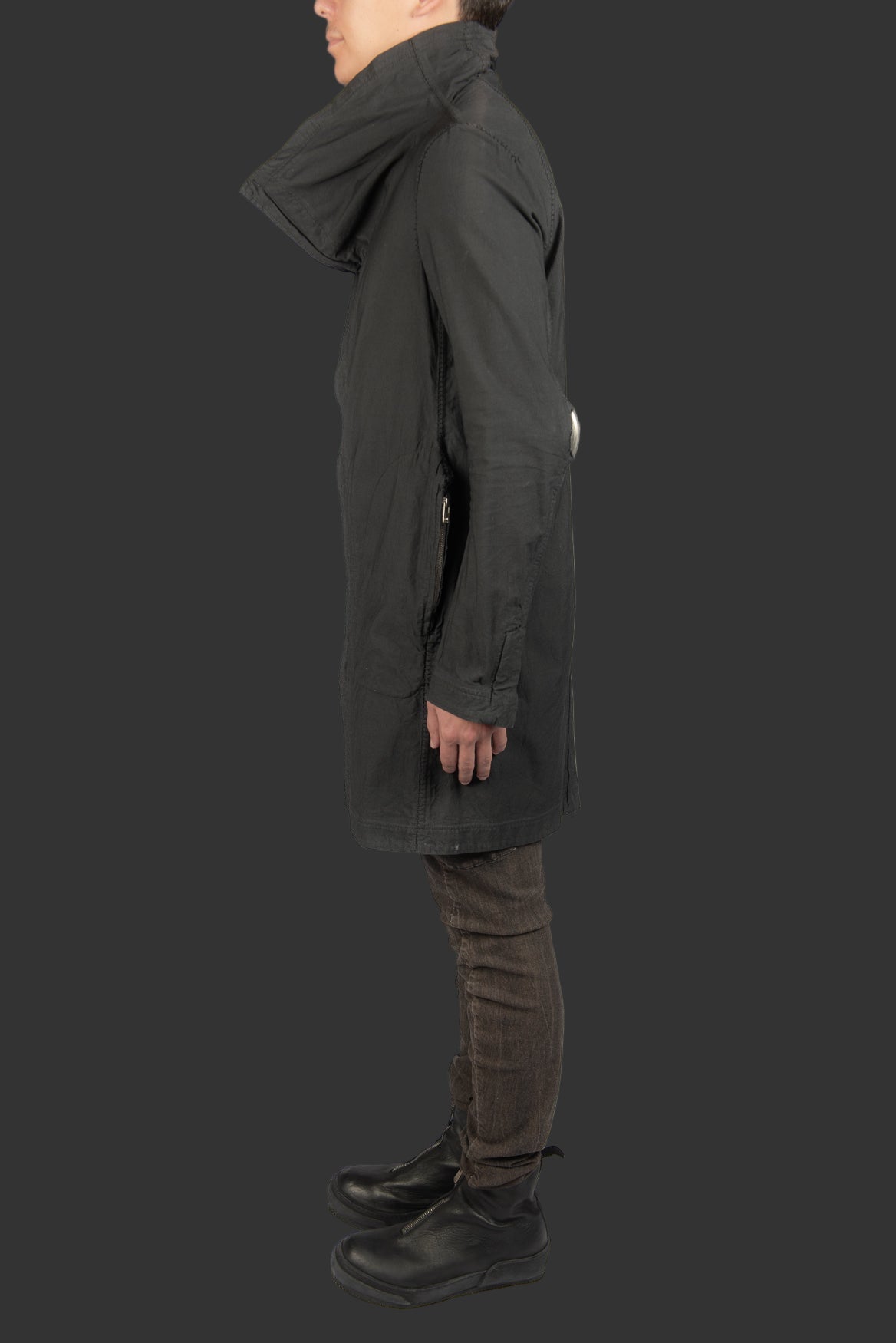 Black Object Dyed Visible Meltlock Button down Parka with Prosthetic Elbow by Carol Christian Poell
