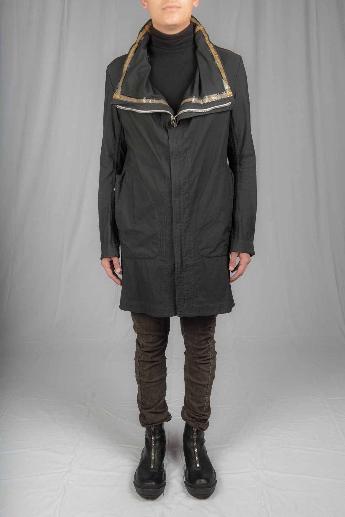 Black Object Dyed Visible Meltlock Button down Parka with Prosthetic Elbow by Carol Christian Poell