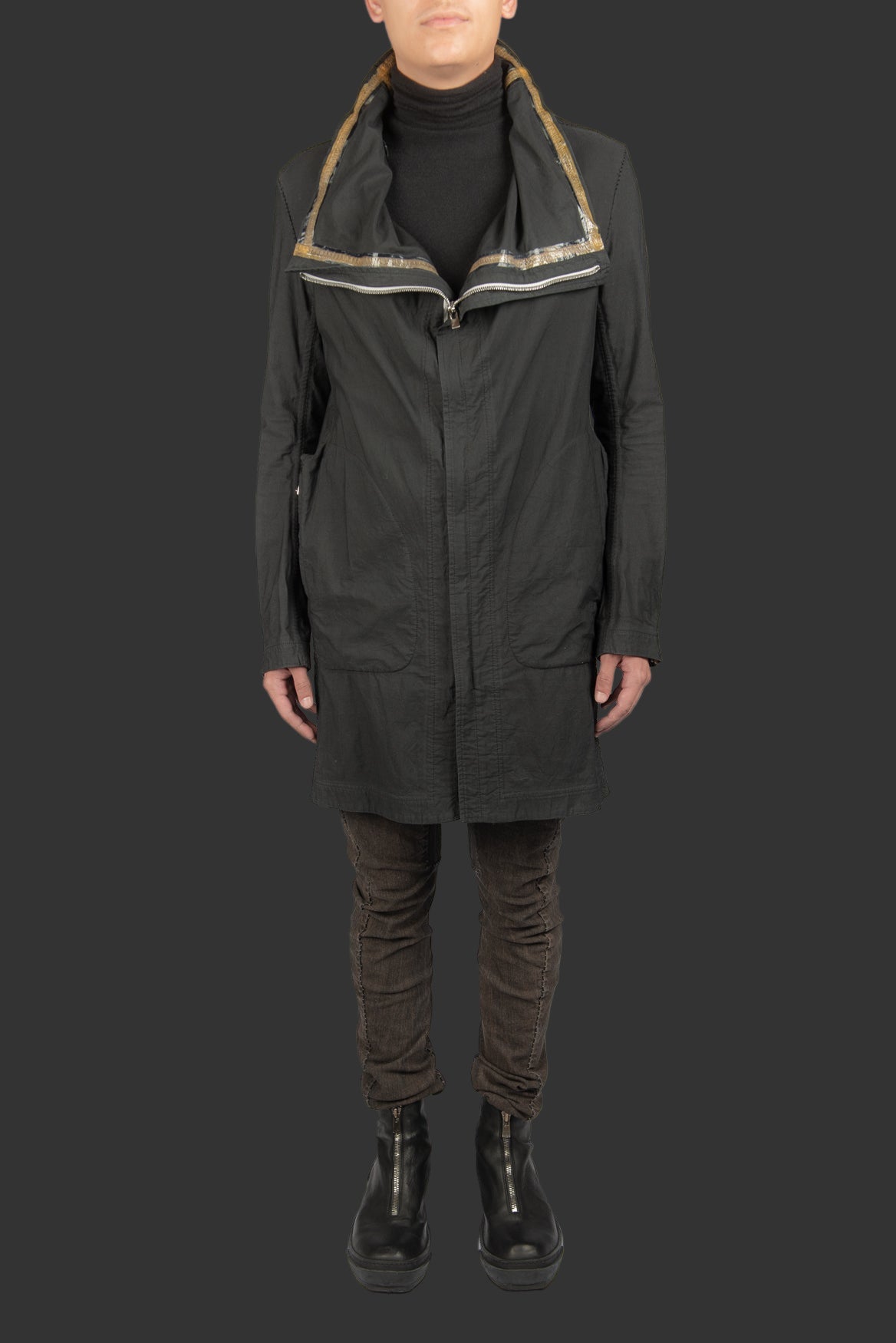Black Object Dyed Visible Meltlock Button down Parka with Prosthetic Elbow by Carol Christian Poell