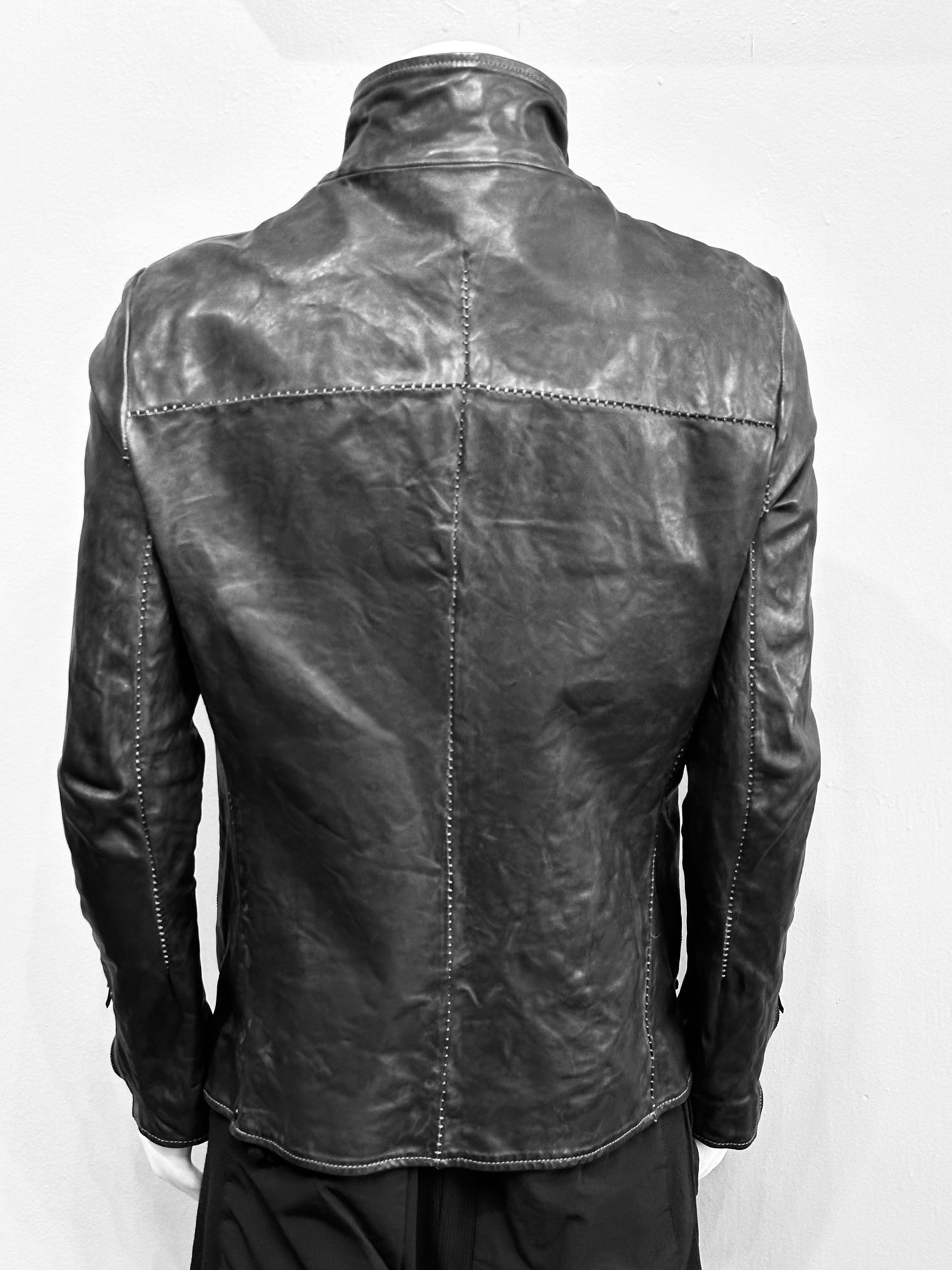 Black High Neck Raglan Darts Shoulder Horse Leather Jacket