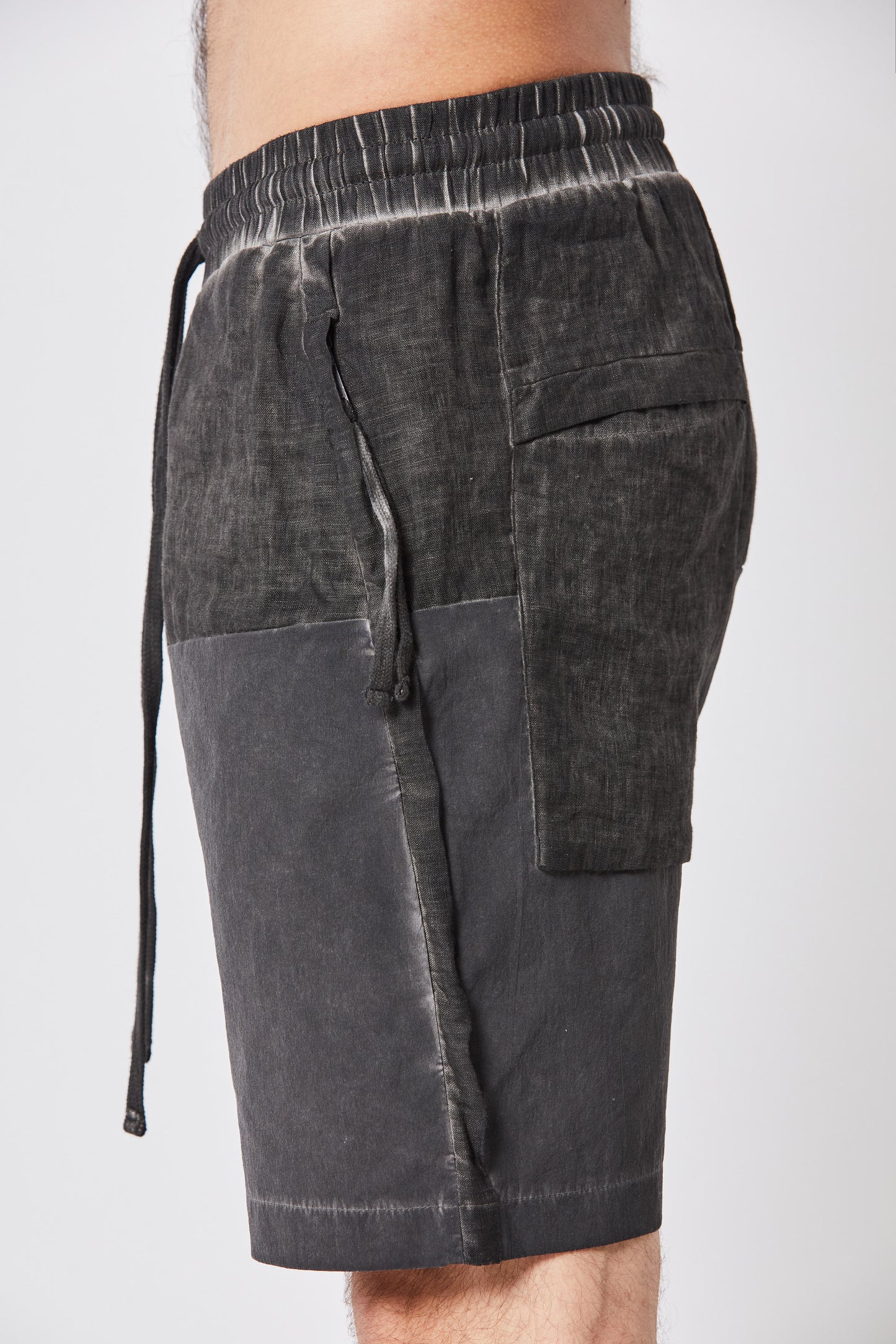 Black Oil Linen Panel Stretch Nylon Drop Crotch Shorts MST 351