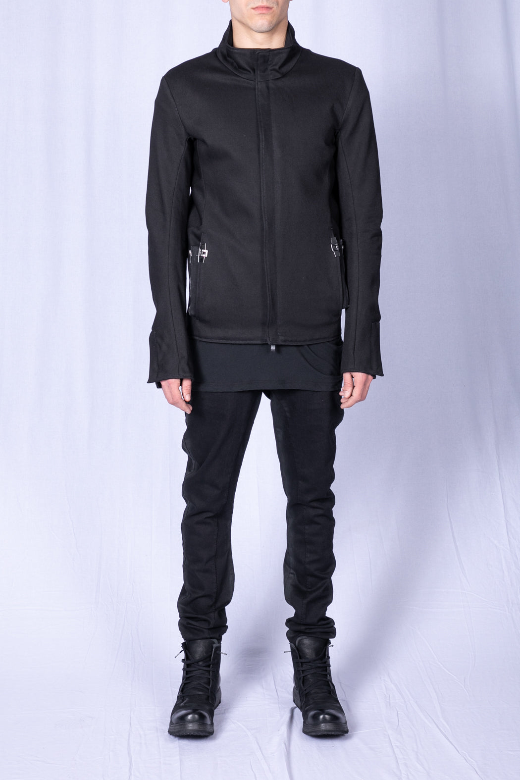 Black High Neck Zip Front Denim Blouson