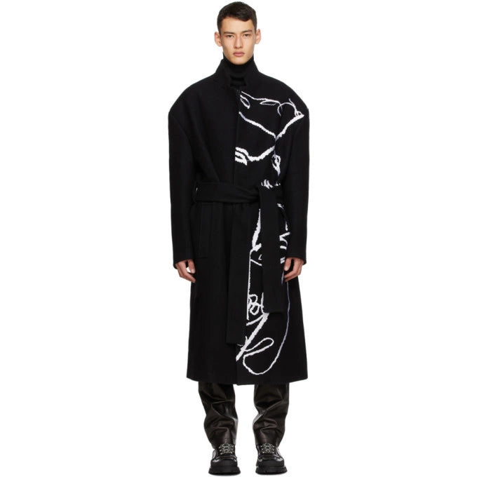 Black Embroidered Belted Robe Coat by Sean Suen