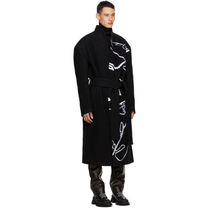 Black Embroidered Belted Robe Coat by Sean Suen