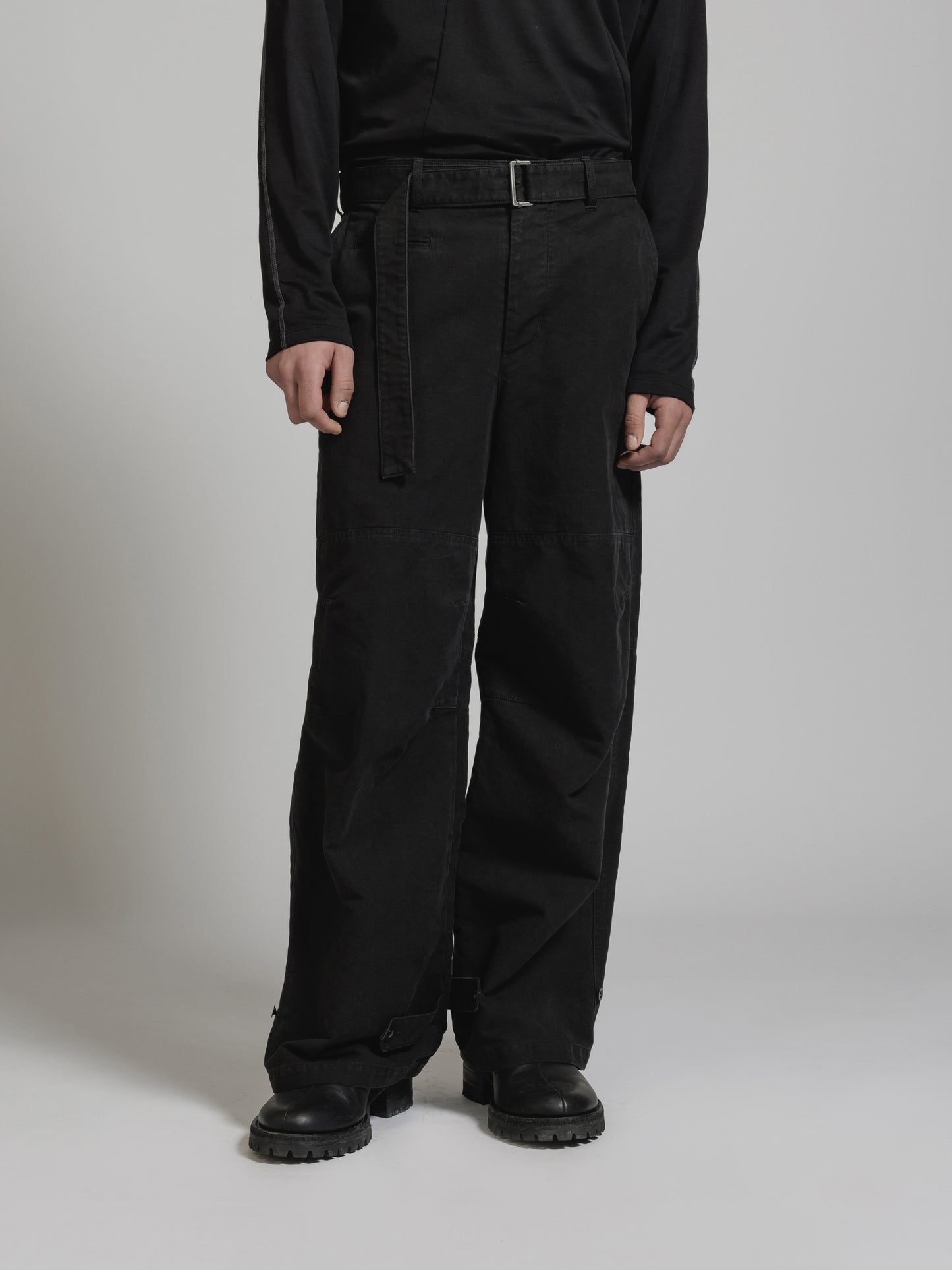 Black Object Dyed Dense Cotton Belted Wide Leg  Pants