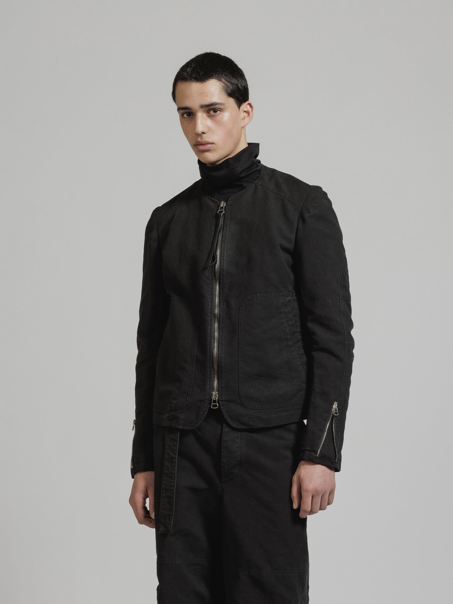 Black Object Dyed Dense Cotton Collarless Biker Jacket