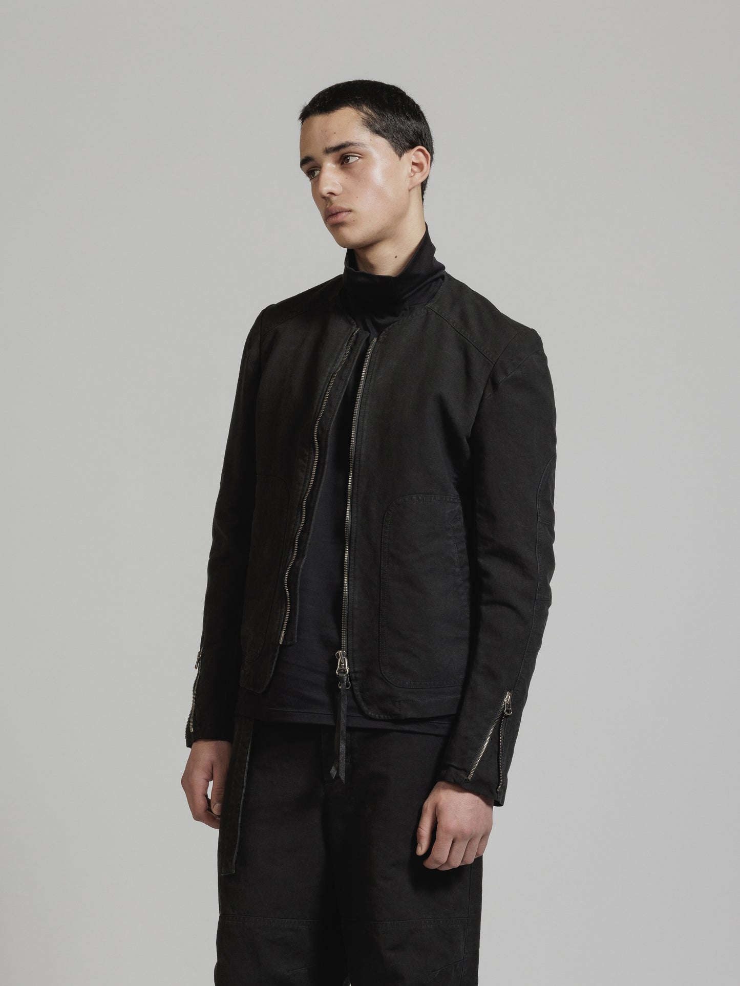 Black Object Dyed Dense Cotton Collarless Biker Jacket