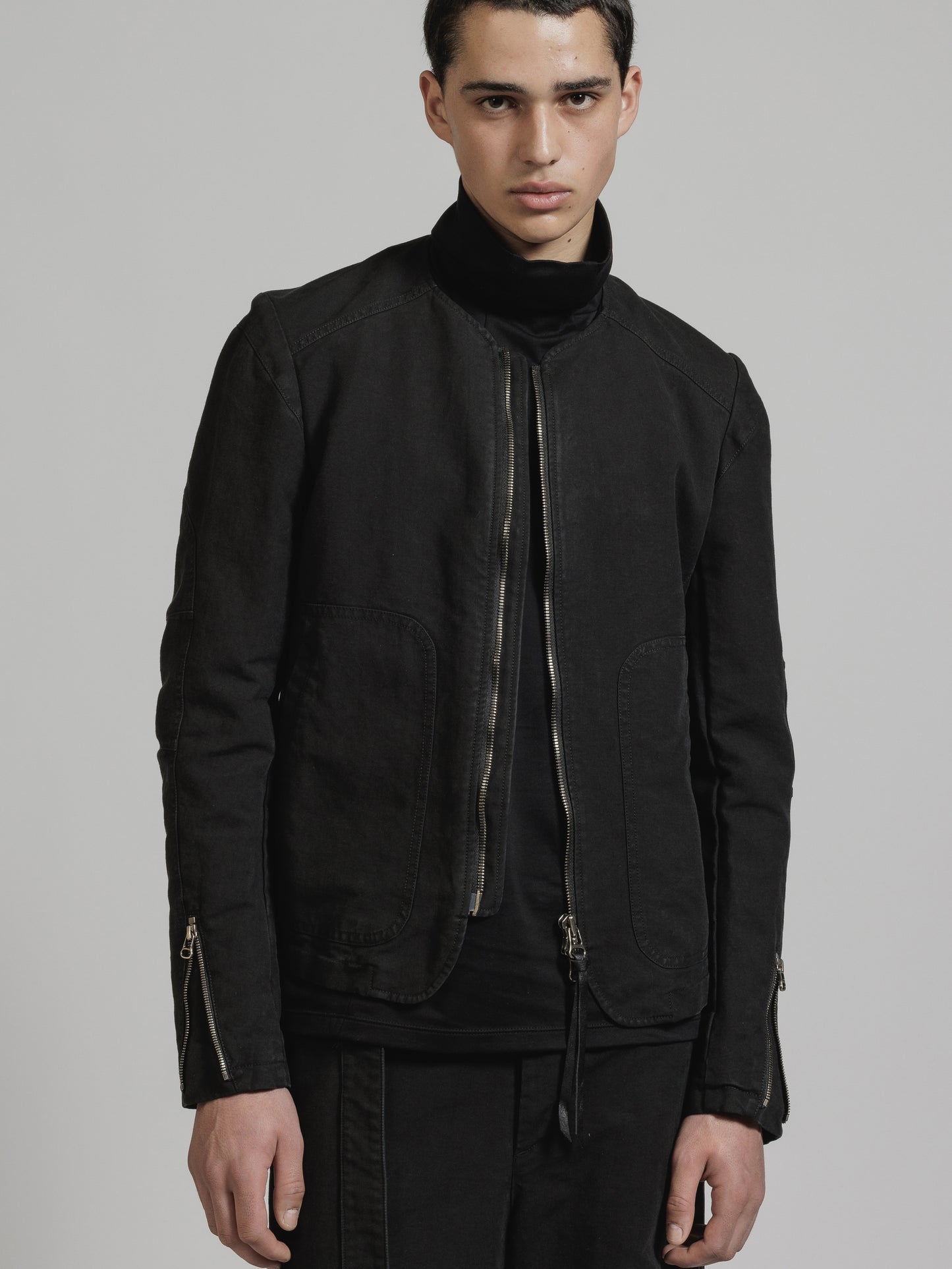 Black Object Dyed Dense Cotton Collarless Biker Jacket