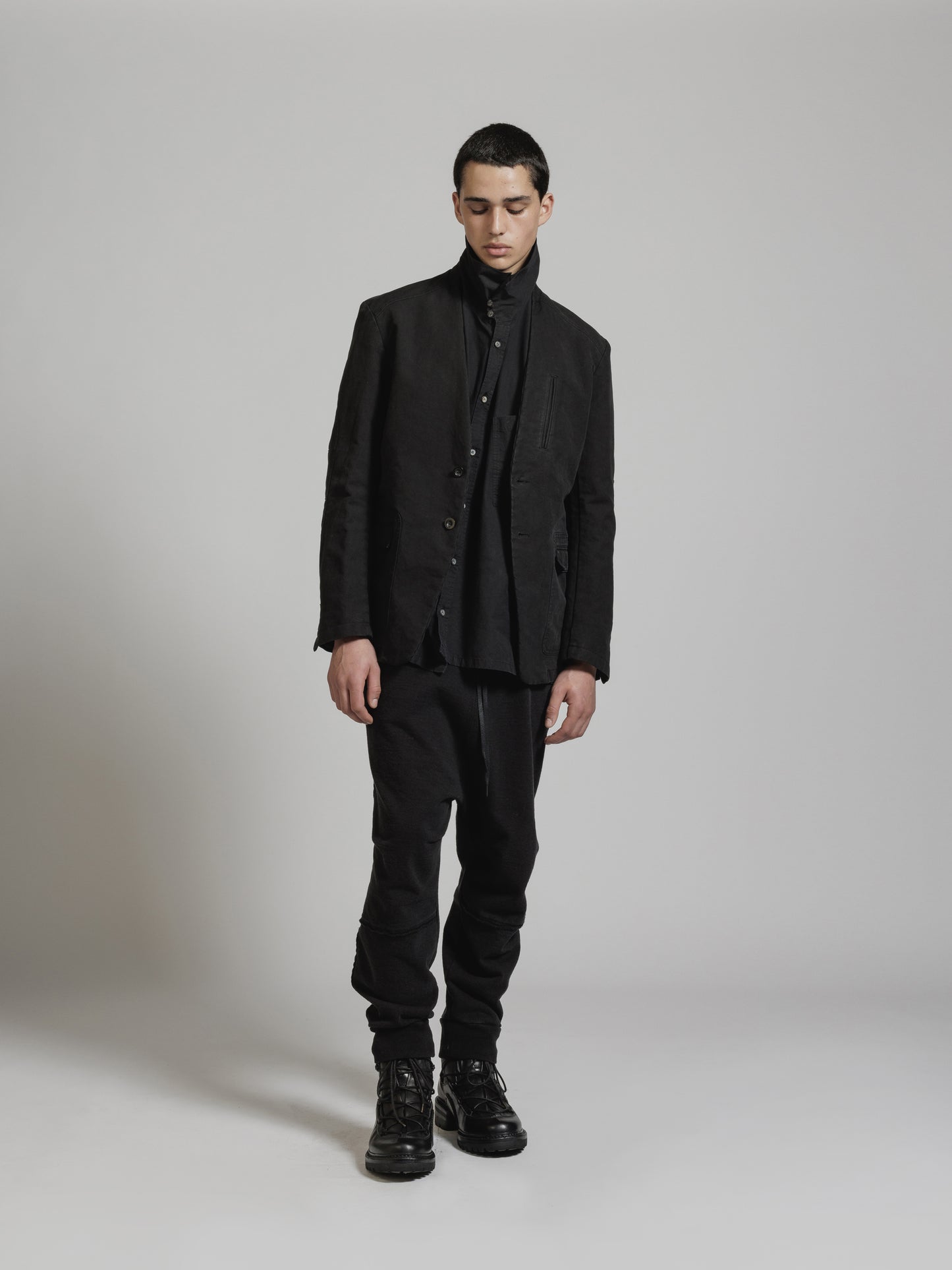 Black Object Dyed Dense Cotton 2-Button Lapelless Blazer