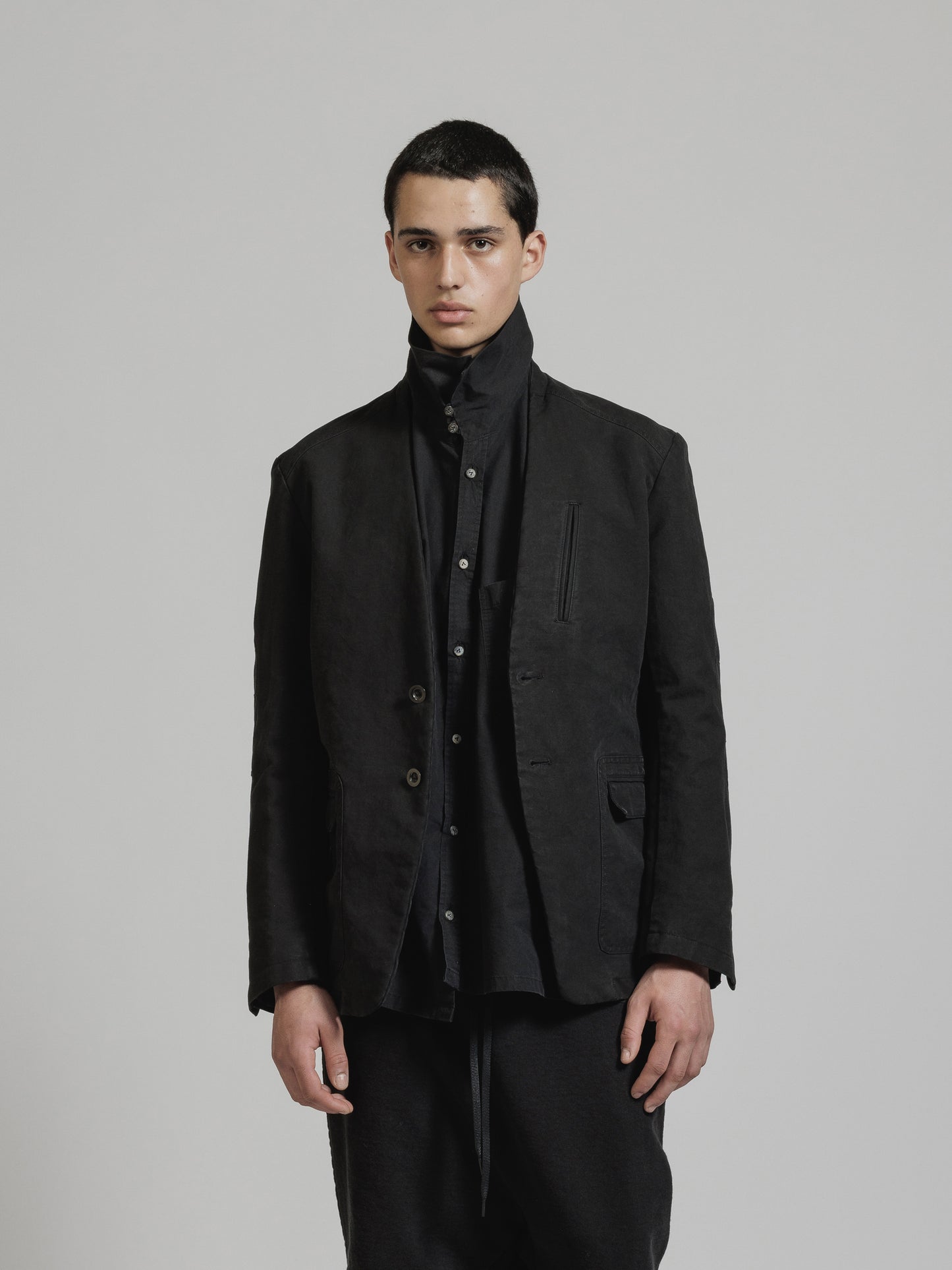 Black Object Dyed Dense Cotton 2-Button Lapelless Blazer