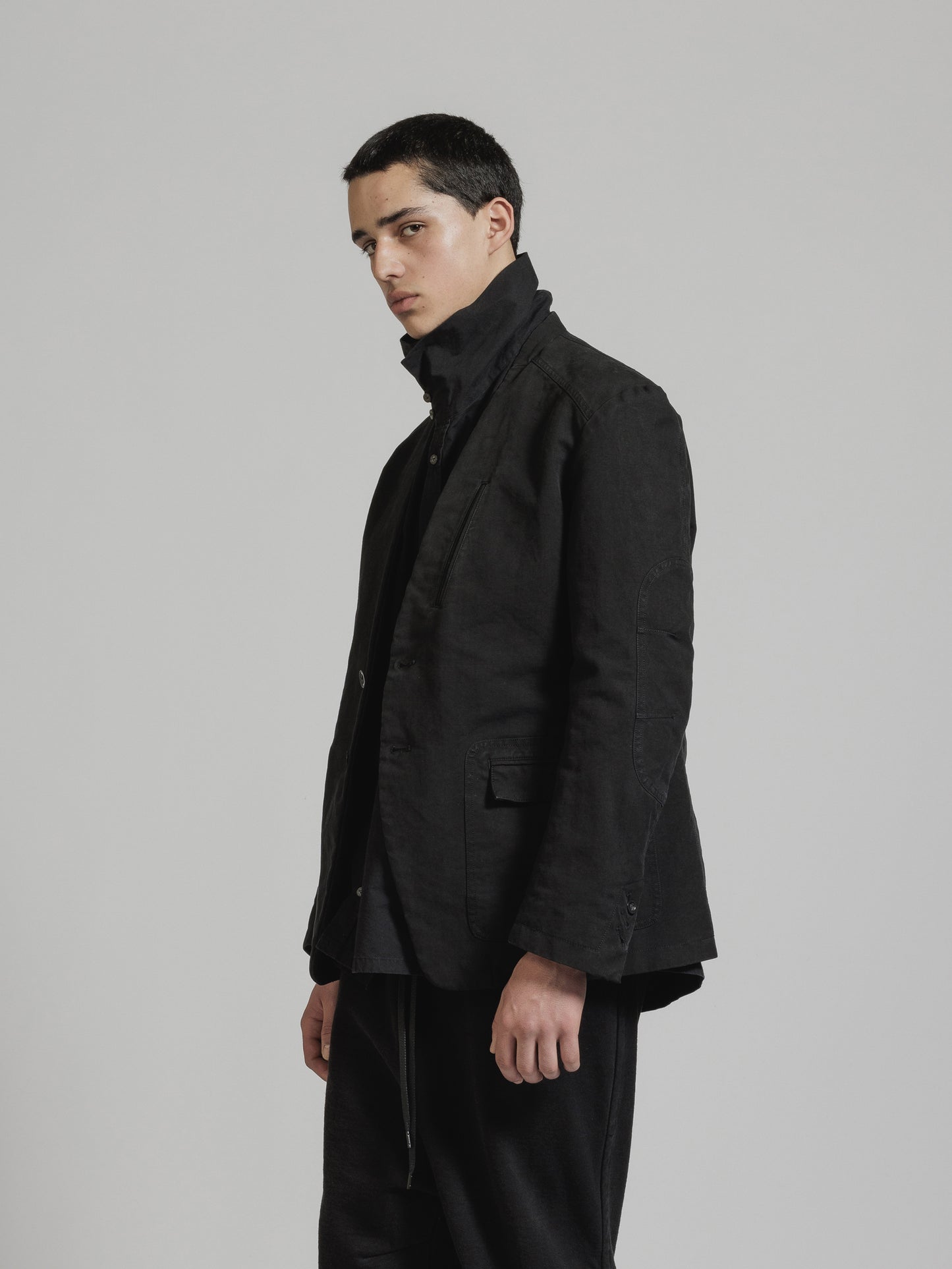 Black Object Dyed Dense Cotton 2-Button Lapelless Blazer