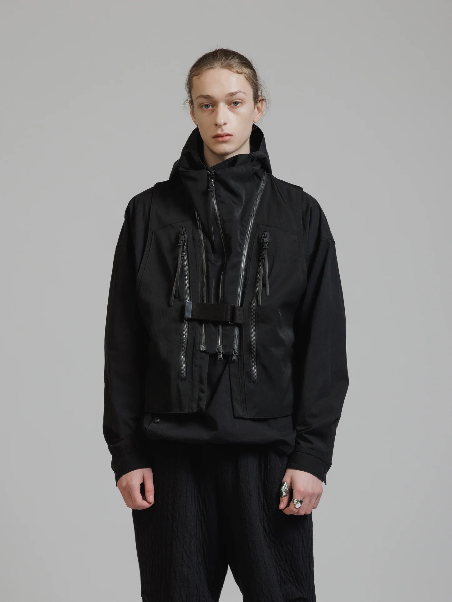 Black Funnel Neck Nylon Wool Twill Tactical Vest