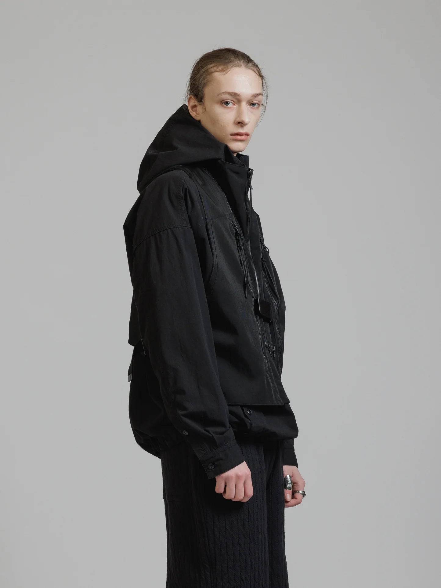 Black Funnel Neck Nylon Wool Twill Tactical Vest
