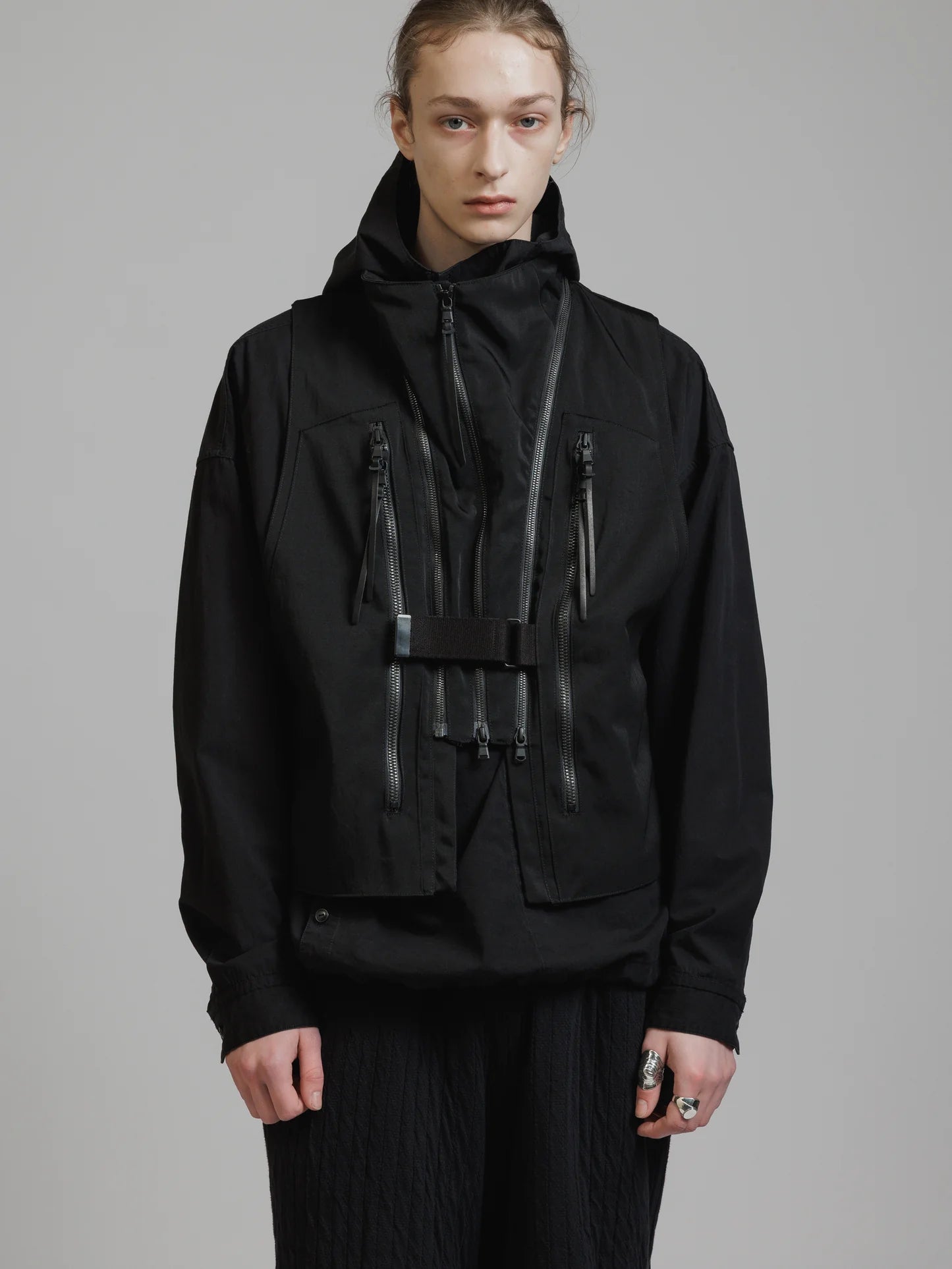 Black Funnel Neck Nylon Wool Twill Tactical Vest