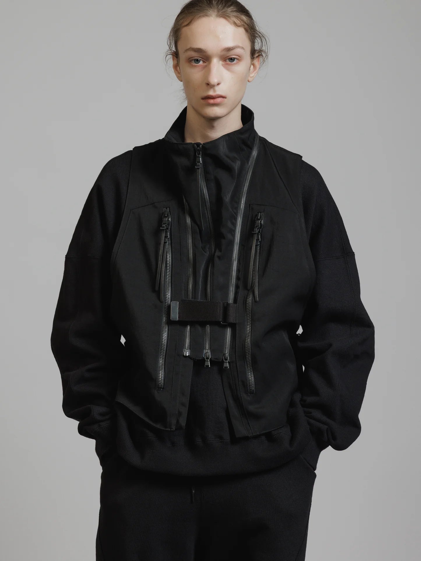 Black Funnel Neck Nylon Wool Twill Tactical Vest