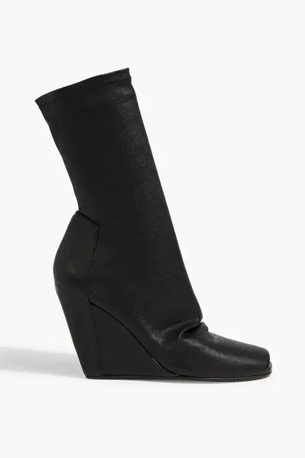 Black Wedge Heel Sock Boot with Open Toe by Rick Owens