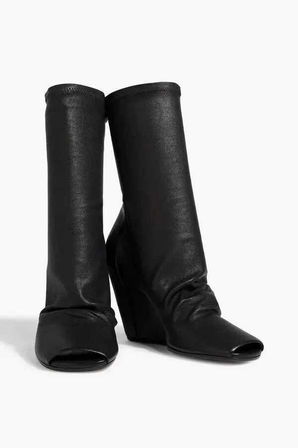 Black Wedge Heel Sock Boot with Open Toe by Rick Owens