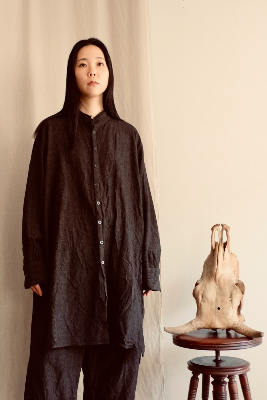 Dark Cocoa Nib Silk Wool Stand Collar Long Tail Shirts