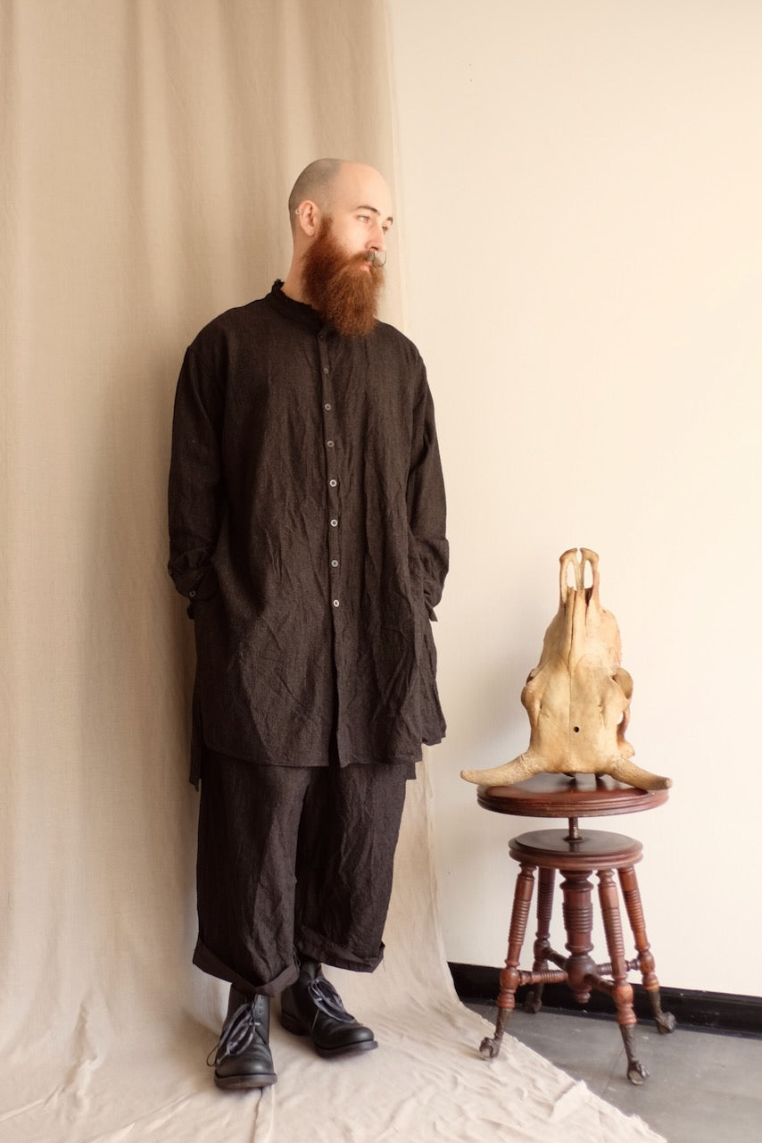 Dark Cocoa Nib Silk Wool Stand Collar Long Tail Shirts