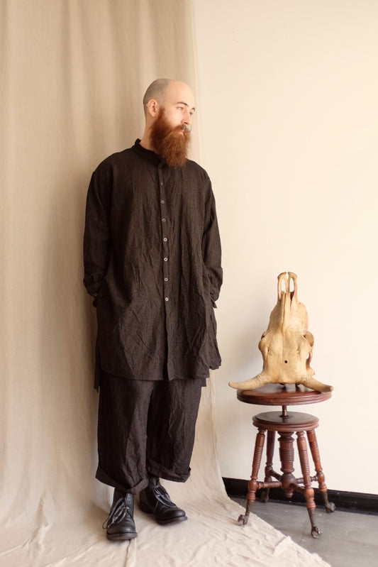 Dark Cocoa Nib Silk Wool Stand Collar Long Tail Shirts