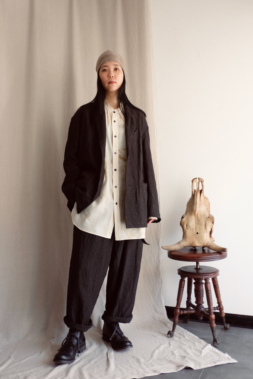 Ecru Wool Collarless Split Raglan Shirt