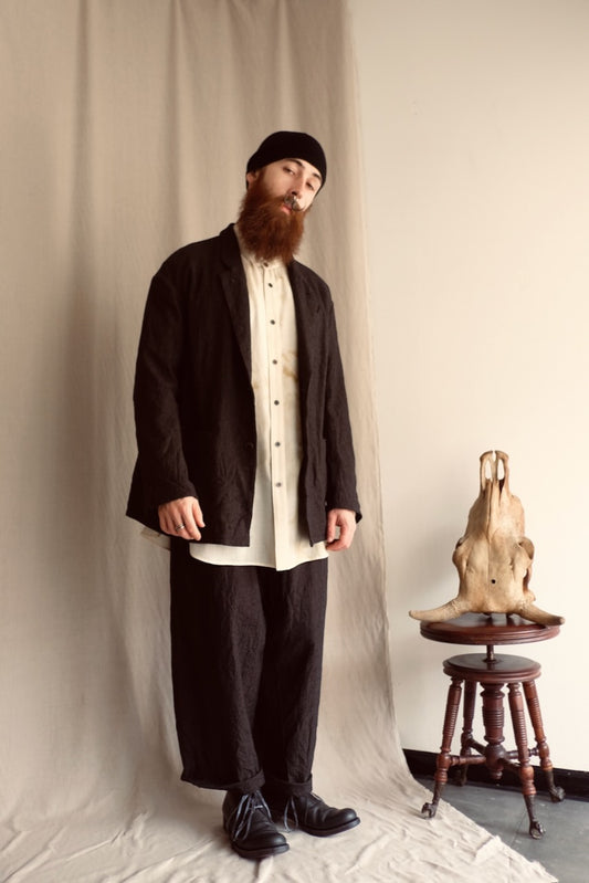 Ecru Wool Collarless Split Raglan Shirt