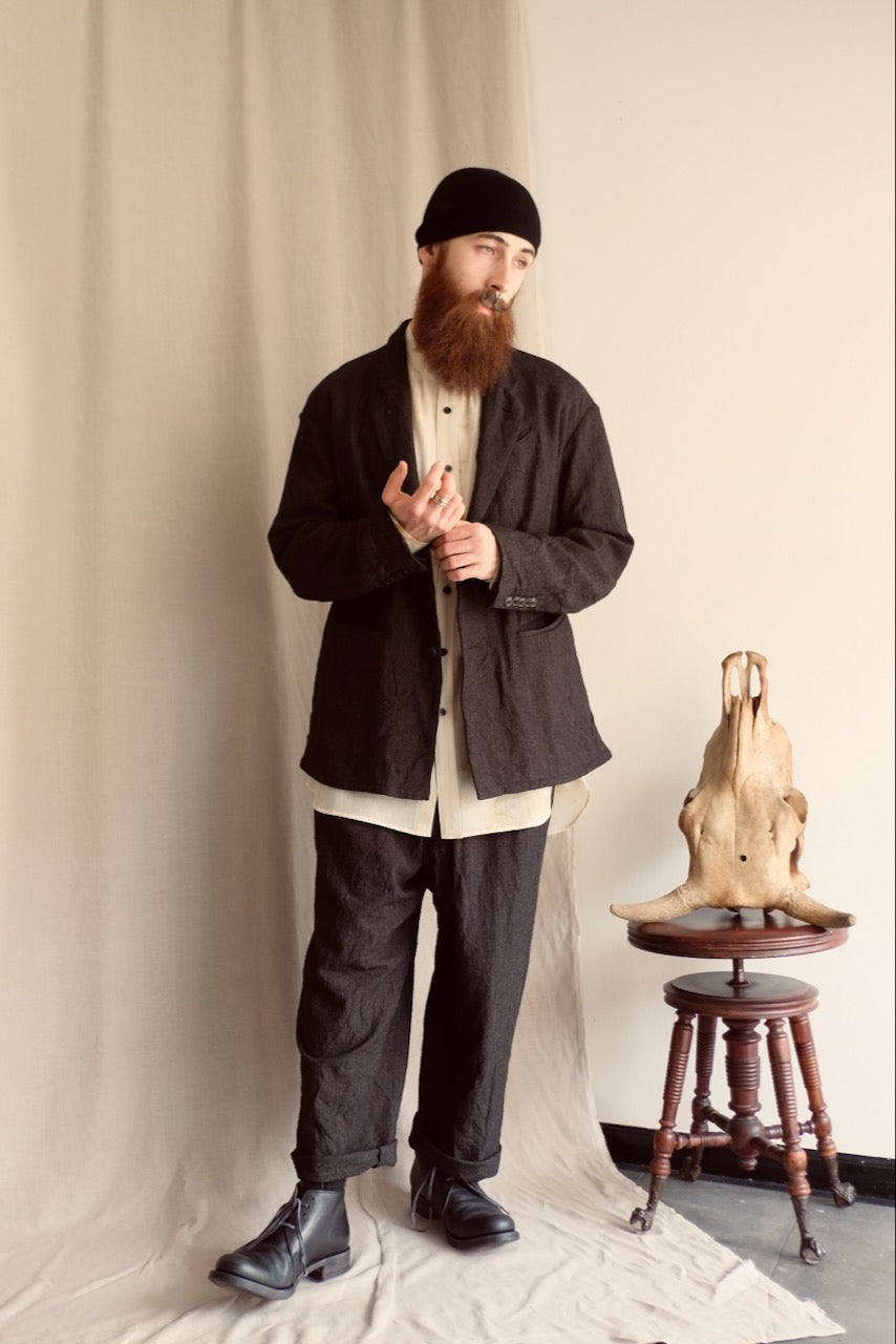 Ecru Wool Collarless Split Raglan Shirt