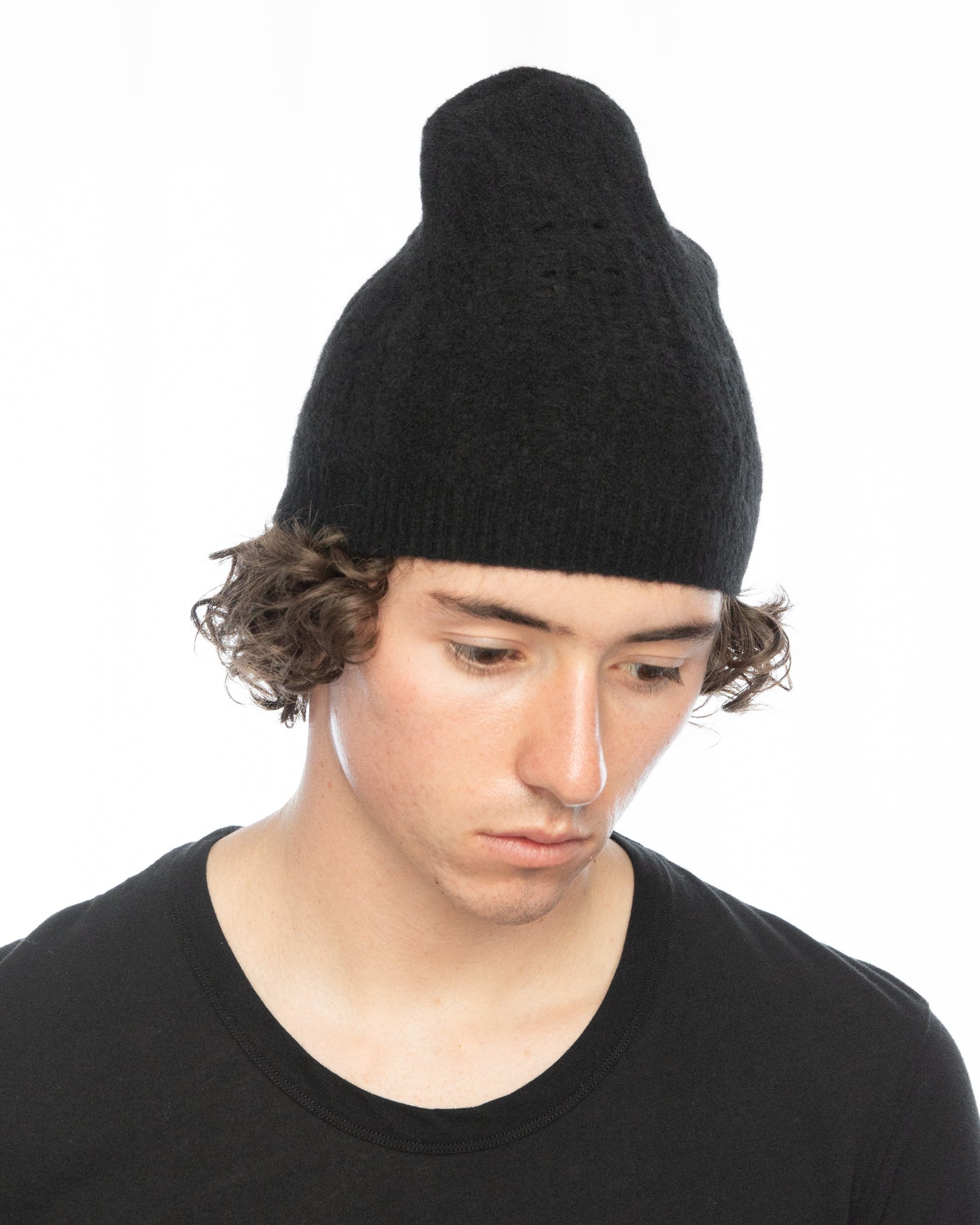 Black Destroyed Cut-Outs Wool Yak Knit Beanie