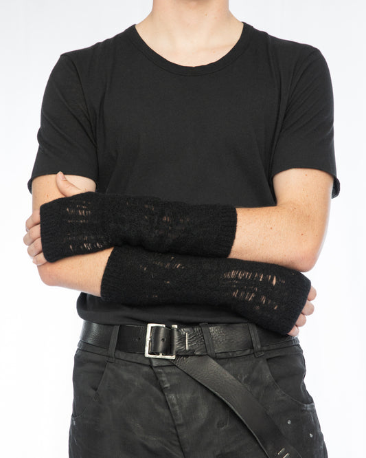Black Destroyed Cut-Outs Wool Yak Fingerless Gloves