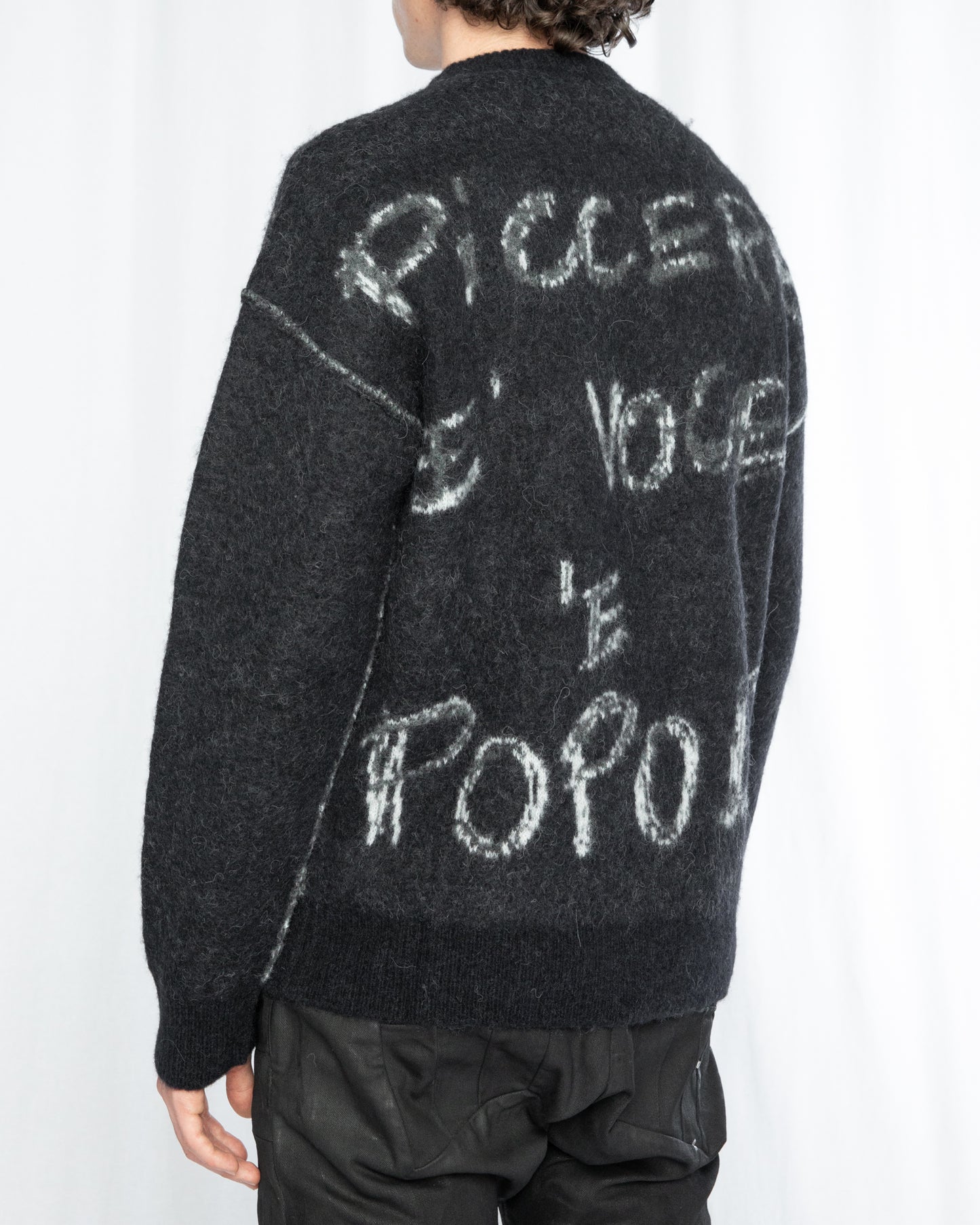 Black Face Print Alpaca Wool Round Neck Sweater