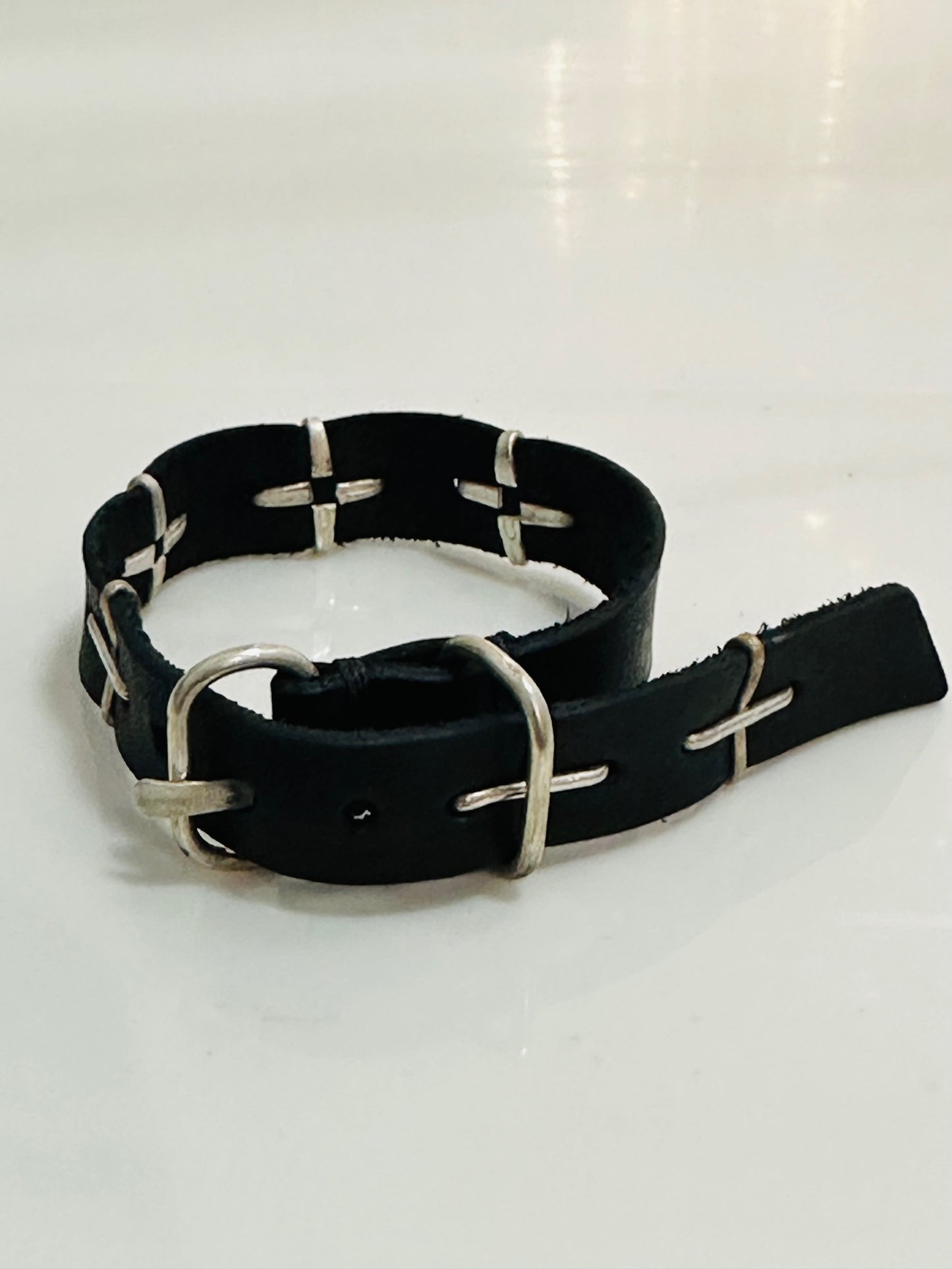 Black "+" Studded Double Oval Buckle Leather Bracelet