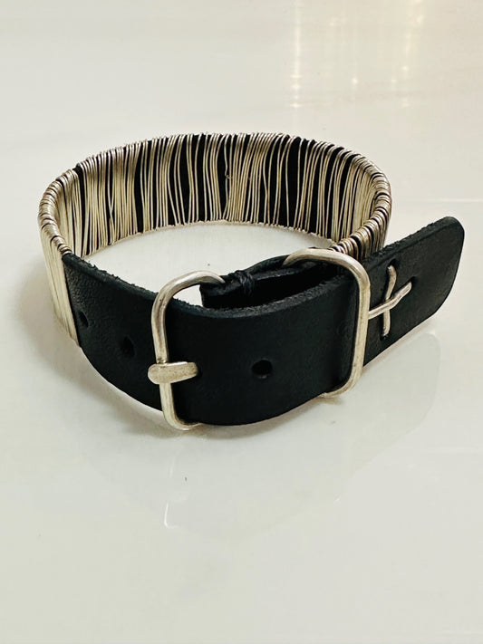Sterling Silver Thread Double Oval Buckle Wide Black Leather Bracelet