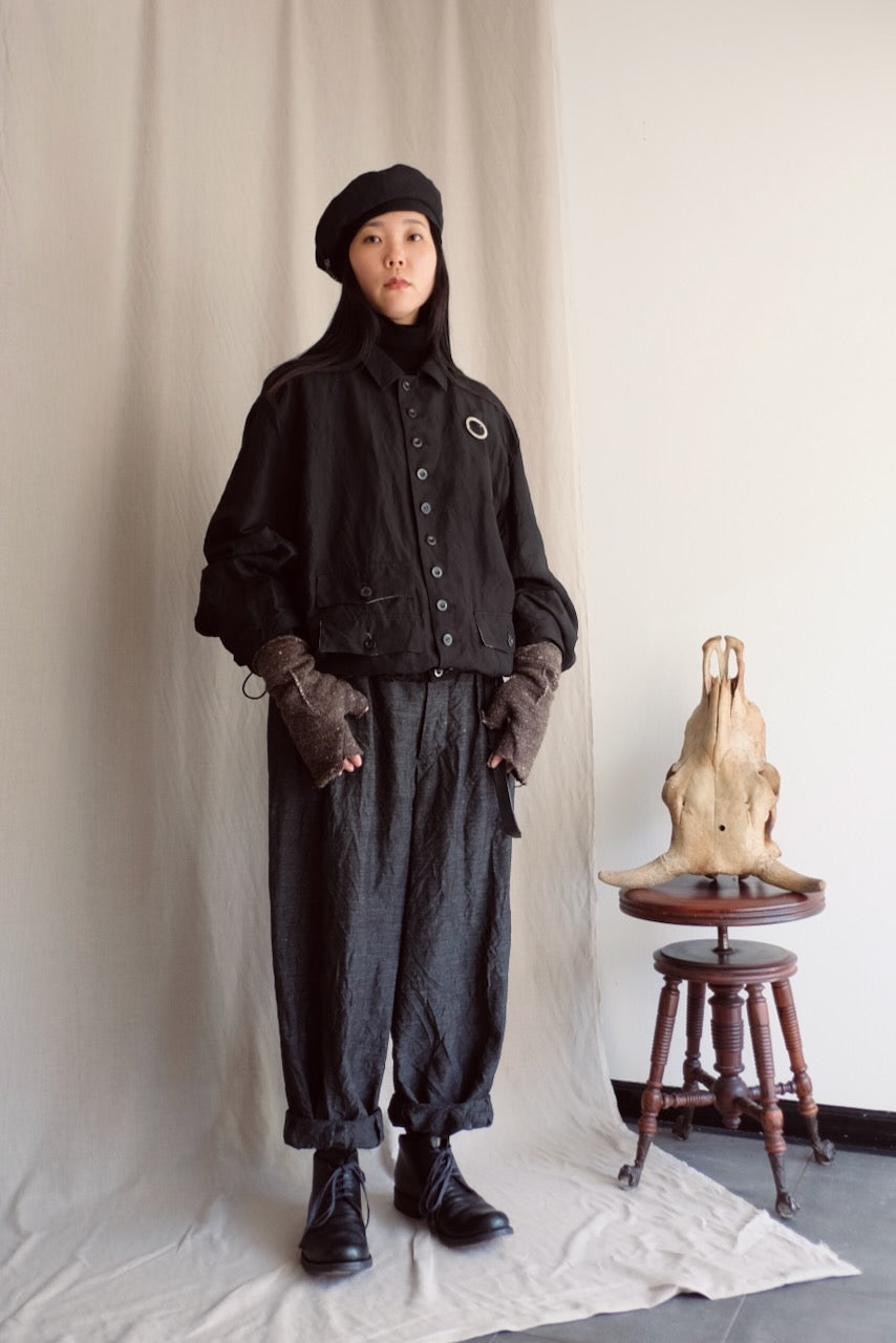 Black Wool Linen Multi Button Curved Arm Blouson