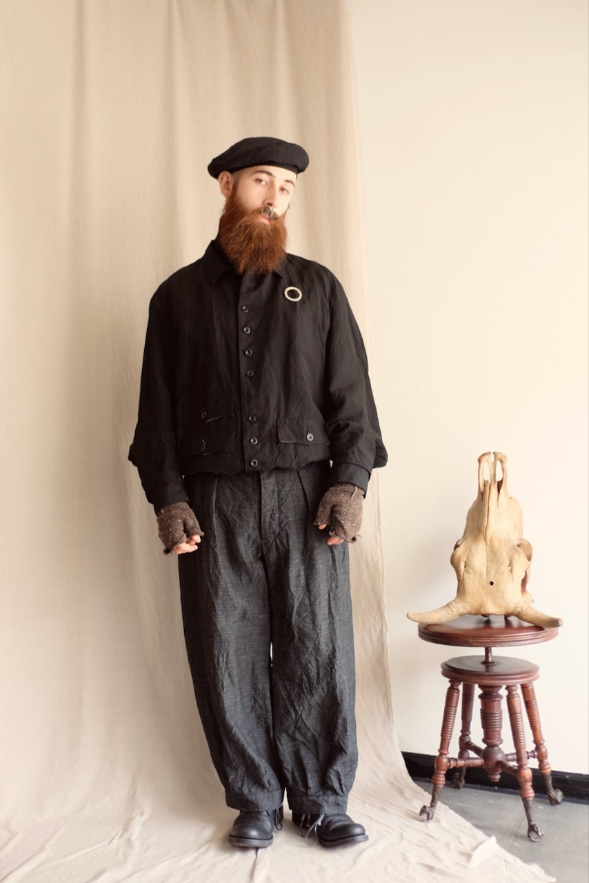 Black Wool Linen Multi Button Curved Arm Blouson