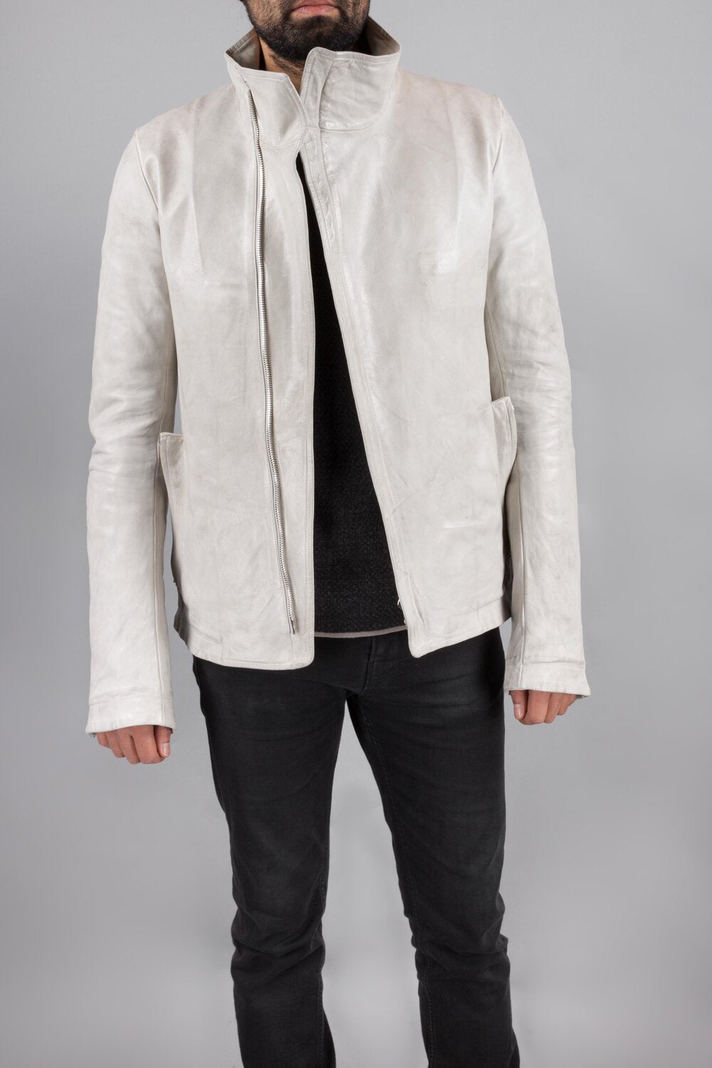 Pale Grey High Neck Kangaroo Leather Jacket by Carol Christian Poell